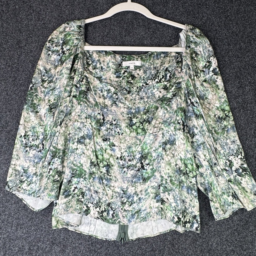 Vince Painted Floral Square Neck Blouse Womens 10 Green Puff Sleeve Draped